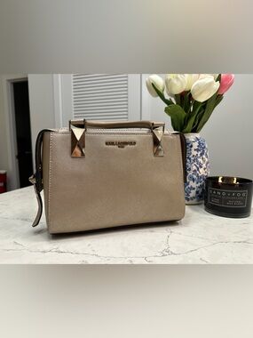 Karl Lagerfeld Paris Structured Satchel – Taupe with Gold Hardware